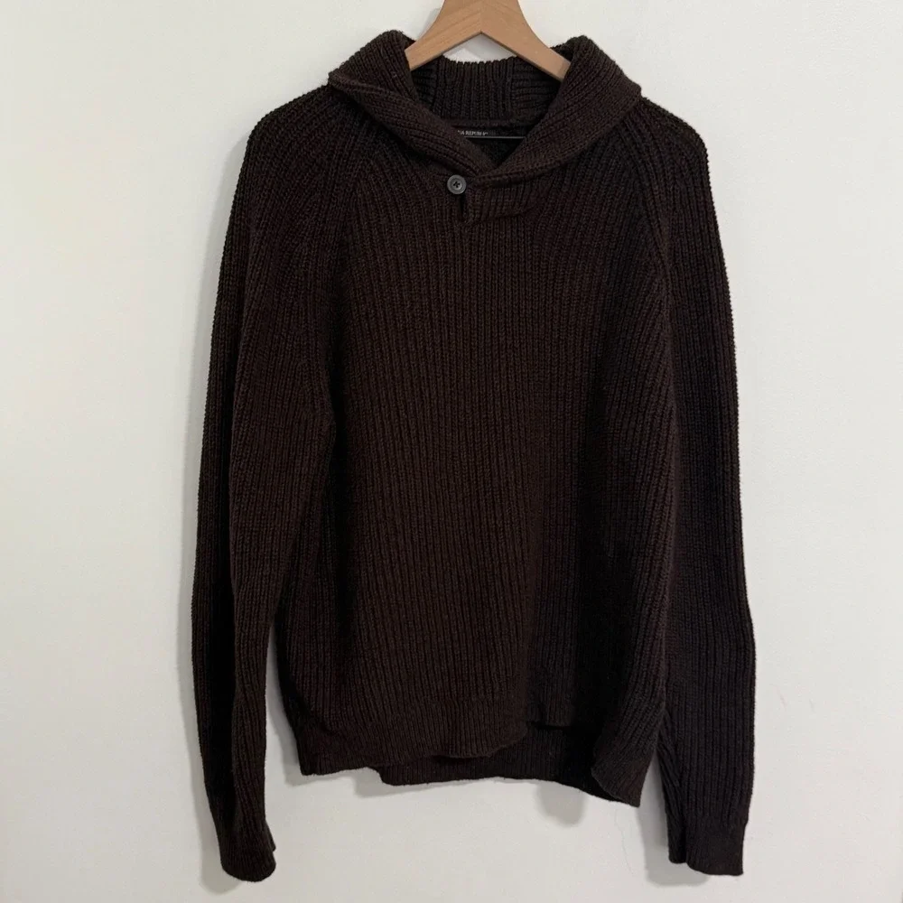 Banana Republic Shawl Neck Sweater Mens XL Brown Cotton Wool Ribbed Old Money